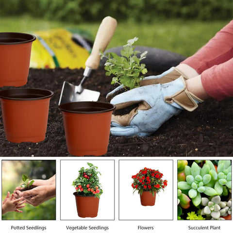 40 Pack 4 Inch Plant Nursery Pots With Drainage Holes For Seedlings Cuttings And Succulents Reusable Plastic Seed Starting Pots For Indoor Outdoor Use Great For Transplants And Home Garden, shown with potted plants and gardening tools.