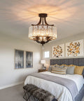 Modern Crystal Chandelier Four Lights Black Semi Flush Mount Ceiling Light Fixture in a stylish bedroom setting
