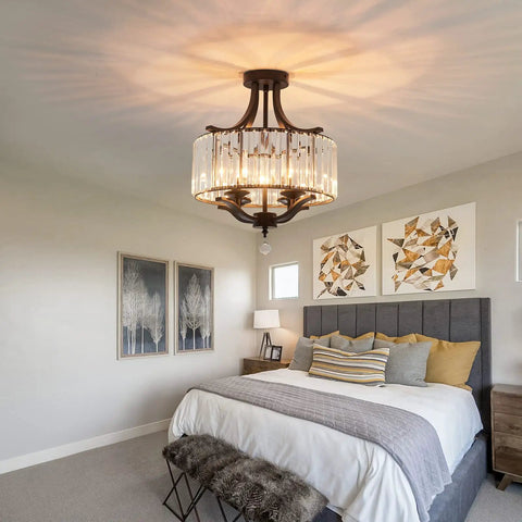 Modern Crystal Chandelier Four Lights Black Semi Flush Mount Ceiling Light Fixture in a stylish bedroom setting