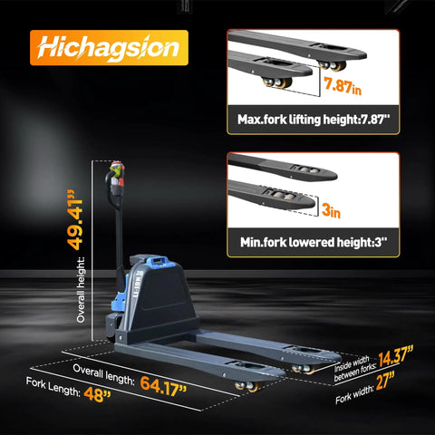 Heavy Duty 4400 Lbs Full Electric Pallet Jack Truck With 48V 20AH Fast Charging Lithium Battery And 6 Hour Runtime For Tough Warehouse Moves dimensions and fork specifications.