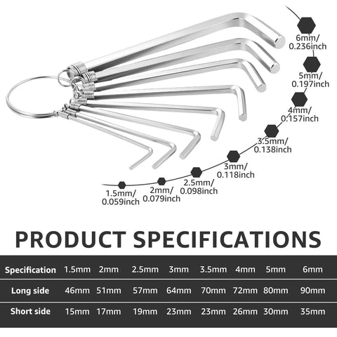 Super Tough 8Pcs Metric Hex Key Set With Handy Keyring, Heavy Duty L Shape Allen Wrenches, Nickel Plated Ratchet Drivers Perfect For Bike Fixing, Furniture Assembly, And Cool DIY Home Repair Projects. 1.5-6mm metric keys on keyring
