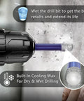 Close-up of Diamond Drill Bit Set For Porcelain Tile Ceramic Glass Granite Concrete Masonry And Stone Nine Piece Carbide Tipped Drill Bits For DIY Projects With Sizes One Quarter Inch, Five Sixteenths Inch, Three Eighths Inch, And One Half Inch in action on concrete surface, featuring built-in cooling wax.