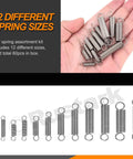 60 Piece Stainless Steel Extension Spring Set In 12 Sizes With Hook End, shown in hand and lined up on white background