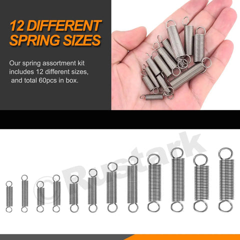 60 Piece Stainless Steel Extension Spring Set In 12 Sizes With Hook End, shown in hand and lined up on white background