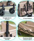 Collapsible Wagon Cart With 350Lb Load, Expandable 100L Storage, showing durable wheels, cup holders, and extendable handle