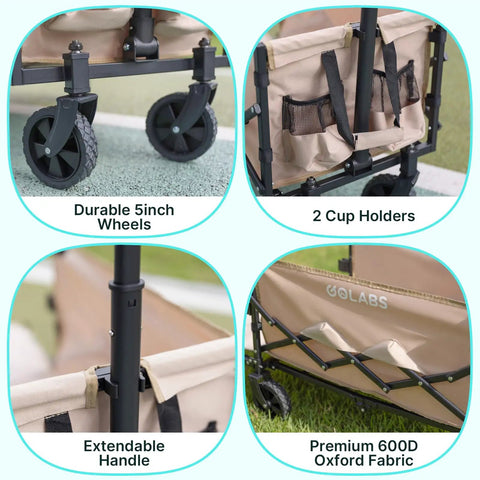 Collapsible Wagon Cart With 350Lb Load, Expandable 100L Storage, showing durable wheels, cup holders, and extendable handle