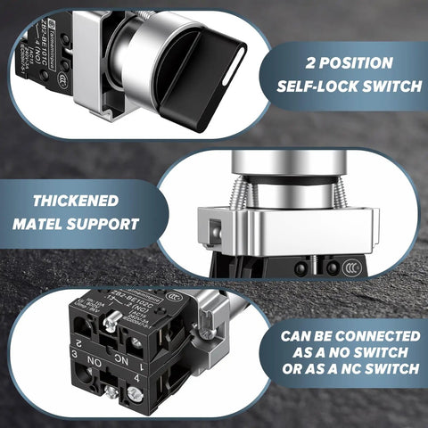 Close-up of 8 Pack 22mm Rotary Selector Switches SPST Self Locking On Off 2 Position 10A 600V Panel Mount components