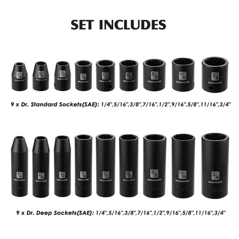 Three Eighths Inch Drive Impact Socket Set, 87 Piece Deep And Standard SAE And Metric, CRMO Steel, Standard and Deep Sockets