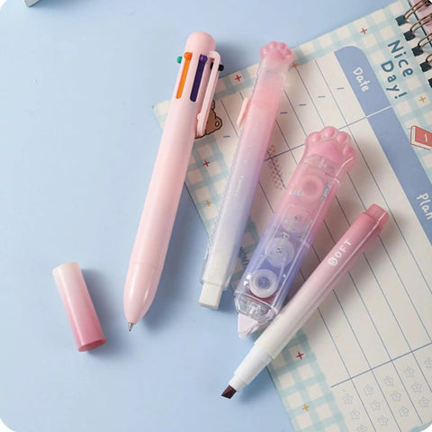 Pink Cat Paw Stationery Set Must Have For School And Office Cute Kawaii Desk Supplies With 9 Pieces Including 6 In 1 Ballpoint Pen
