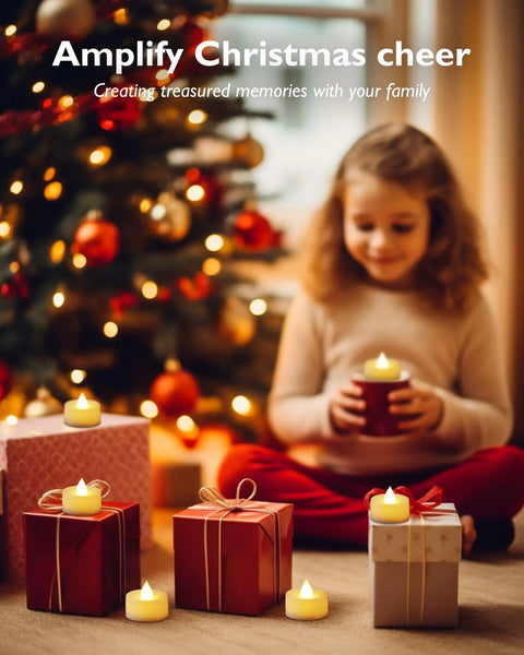 Child holding LED tea light by Christmas tree with 24 Pack Flameless LED Tea Lights Battery Operated With Realistic Flicker For Votive Candles Long Lasting 200 Plus Hours Perfect For Halloween Ofrenda Diya Wedding Centerpieces Funeral And Christmas Decor around.