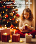 Child with presents and 100 Pack Flameless LED Tea Lights Candles Battery Operated No Mess With 200 Hour Run Time Realistic Flicker