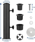 Universal Granite Umbrella Stand Tube components with dimensions; 11.8in tube, stainless steel base, adjustable sleeves.