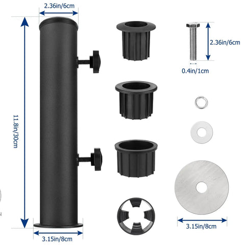 Universal Granite Umbrella Stand Tube components with dimensions; 11.8in tube, stainless steel base, adjustable sleeves.