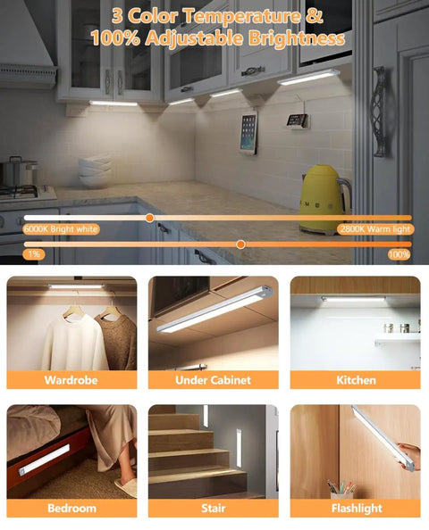 Two Pack Under Cabinet Lights With 60 LED Dimmable Motion Sensor USB Rechargeable Magnetic Mount 3 Color Modes displayed in various setups
