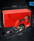 Loschen Cordless Rebar Chain Cutter Portable Electric Hydraulic Tool For Cutting Metal Chains Locks And Steel Cables Up To 10mm With Li Ion Battery Included Versatile handheld device with measurements shown.