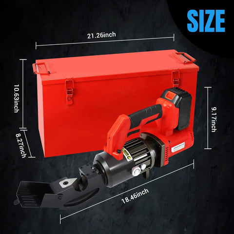 Loschen Cordless Rebar Chain Cutter Portable Electric Hydraulic Tool For Cutting Metal Chains Locks And Steel Cables Up To 10mm With Li Ion Battery Included Versatile handheld device with measurements shown.