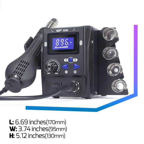 Maker Friendly Pro Grade Hot Air SMD Soldering Rework Station With Quick Change Nozzle System and Holder visible