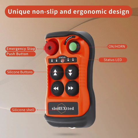 4-channel wireless crane remote control kit, orange handheld transmitter with silicone buttons and status LED