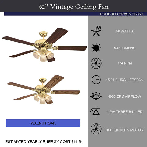 52 Inch Vintage Indoor Ceiling Fan With Dimmable LED Light And Clear Ribbed Glass, Polished Brass Finish, Reversible Walnut And Oak Blades