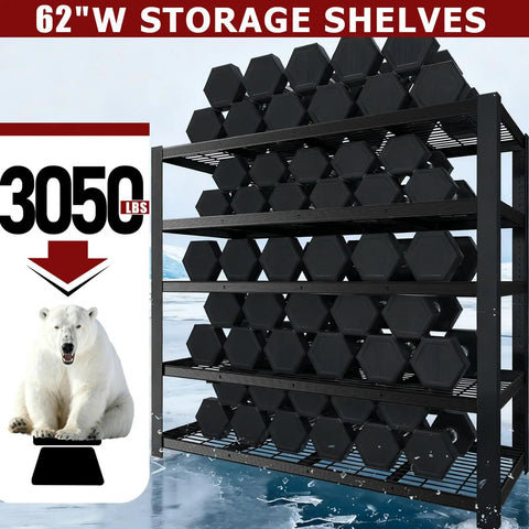 Beefy Five Shelf Garage Shelving Unit Heavy Duty Metal Storage Rack 72 Inches High 62 Inches Wide 24 Inches Deep Total Weight Capacity 3050 Lbs Adjustable Shelves in black with hexagonal weights