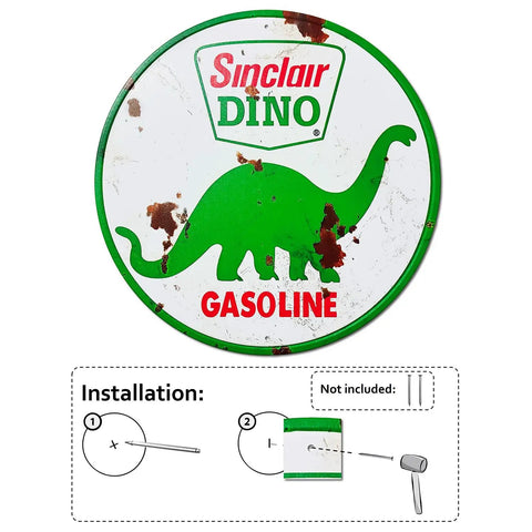 Badass Vintage Tin Sign Featuring Classic Sinclair Gasoline Poster Round Galvanized Metal Wall Art Rust Proof Garage Decor All Season Ready Home Shop Man Cave Decoration Built Damn Tough, 8x12 inch with dinosaur design.