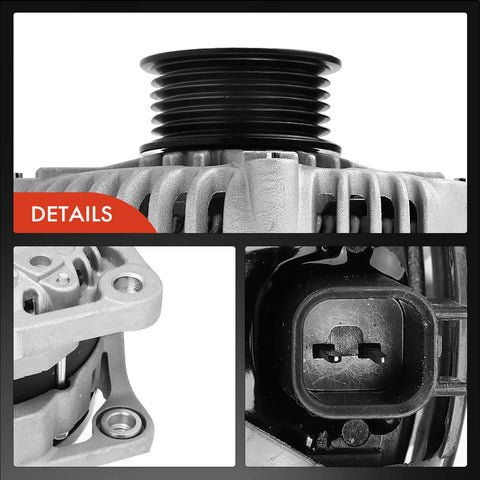 Close-up of Beefed-Up 150Amp 12V Alternator For Dodge Journey 2009 2010 V6 3.5L With 6-Groove Pulley and connector