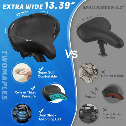 Comparison of oversized extra wide bike seat with memory foam to narrow hard saddle for Peloton, exercise, and mountain bikes.