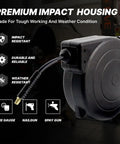 Heavy Duty Retractable Air Hose Reel With 1/4 Inch By 45 Feet Hybrid Hose Max 300 Psi Plus Five Foot Lead In Wall Or Ceiling Mount showing impact resistant housing and hose.