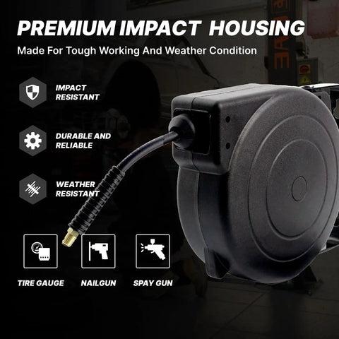 Heavy Duty Retractable Air Hose Reel With 1/4 Inch By 45 Feet Hybrid Hose Max 300 Psi Plus Five Foot Lead In Wall Or Ceiling Mount showing impact resistant housing and hose.