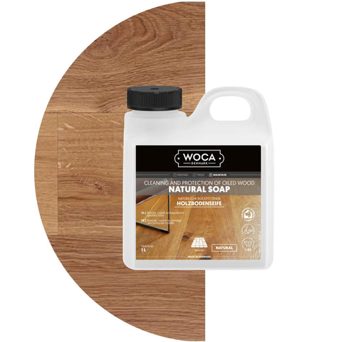 Natural Wood Cleaner Soap White 2.5L For Oil-Finished Floors And Surfaces - Plant-Based Concentrated Formula bottle against wood background
