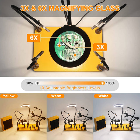 Helping Hands Soldering Third Hand With 3X And 6X LED Magnifying Lamp and PCB clamp showing adjustable brightness settings