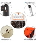Knockout Red Copper Leather Rivet Assorted Kit With Slick Slotted And Phillips Head Bookbinding Posts displayed with leather and tools.