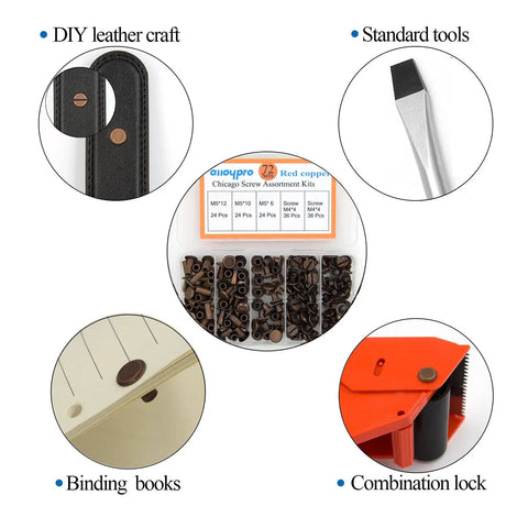 Knockout Red Copper Leather Rivet Assorted Kit With Slick Slotted And Phillips Head Bookbinding Posts displayed with leather and tools.