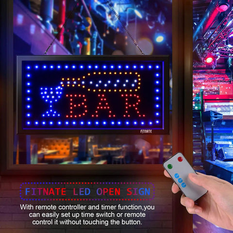 Led Bar Open Sign With Remote, Ultra Bright Neon Display Board For Bars, Restaurants, Shops, Hotels, Two Lighting Modes Flashing And Steady, Timing Function, Easy Mount, Window Wall Decor That Grabs Attention