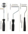Fiberglass Roller Tool Set Of 5 for Resin Laminating and Repair showing three bubble paddle rollers with measurements and black handles.