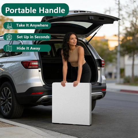 Woman holding Heavy Duty 4 Foot Folding Table With Fold In Half Design Adjustable Height Grab And Go Portable Utility Table
