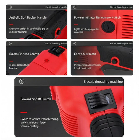Portable Electric Pipe Threader Machine With 2300W Pure Copper Motor And Aluminum Die Head For quick threading controls and features.