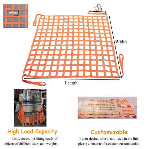 Heavy Duty Cargo Lifting Net For Moving And Construction 6.6 By 6.6 Feet 2204 Lb Load Capacity with orange mesh