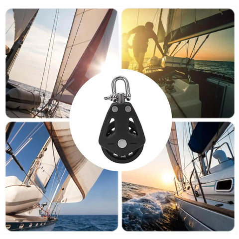 Beefy Nylon Wheel Marine Pulley 50mm Stainless Steel Bearing Single Swivel Sailing Block shown on a sailboat background