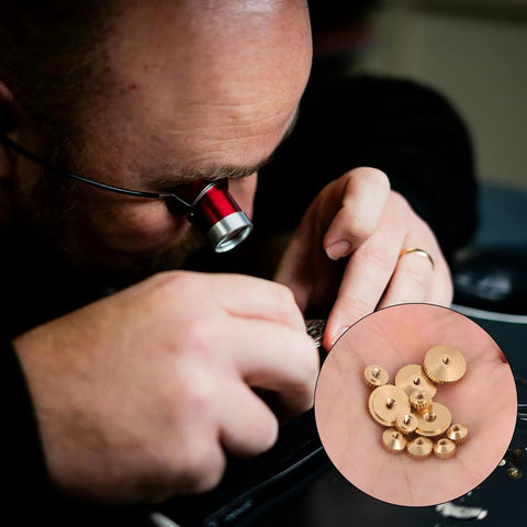 Person examining brass clock hand nut kit with 12 pieces in 5mm, 6mm, and 10mm sizes