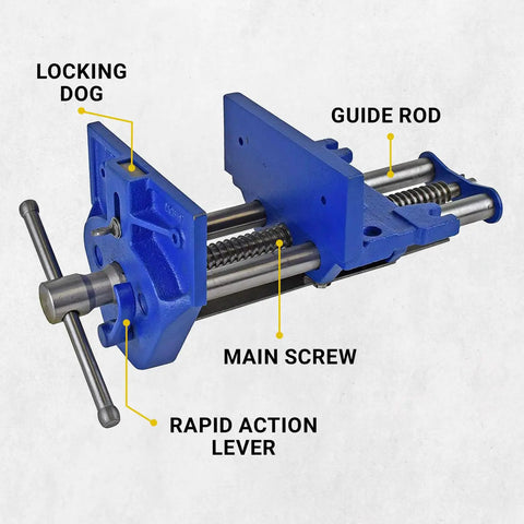 Rapid Action Woodworking Vise With Quick Release Lever, 7 Inch Jaw Width And 8 Inch Opening, Heavy-Duty Cast Iron Construction, Chrome Sliding T-Bar Handle, Steel Guide Rails, Blue Finish For Fast, Smooth Adjustments In The Shop