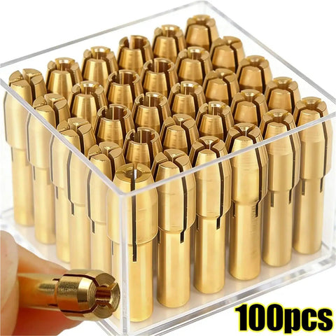 10pcs Mini Drill Chuck Adapter For Copper Rotary Tool Collet 0.5-3.2mm Fits Grinding Machine With Secure 4-Jaw Clamping Structure For Hard Use in transparent case.