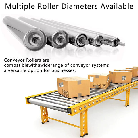 Multiple stainless steel conveyor rollers displayed above a conveyor system with boxes, highlighting varied roller diameters.