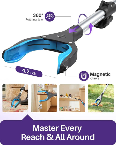 40 Inch Reacher Grabber Tool Set, 2 Pack, Heavy Duty Pickup Aid With Foldable Design, Anti Slip 360 Degree Rotating Jaw, 4 Inch Wide Claw With Magnet, Great For Seniors, Home And Garden Cleanup