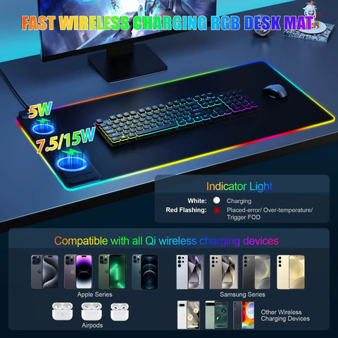 Top view of wireless charging desk pad with built-in mouse pad, RGB lighting, and phone holder on a desk setup.