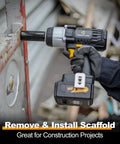 Person using 20V Cordless Impact Wrench With Half Inch Chuck 450 Newton Meters Max Torque 4.0Ah Lithium Battery on scaffold