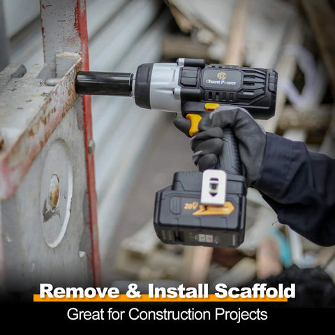 Person using 20V Cordless Impact Wrench With Half Inch Chuck 450 Newton Meters Max Torque 4.0Ah Lithium Battery on scaffold