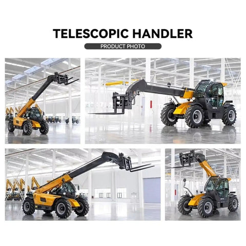 Heavy Duty Four Wheel Drive Telescopic Handler Forklift With Smart Cooling And Butter Smooth Transmission For Tough Industrial Jobs Auto Leveling Electro Hydraulic Telehandler Machine shown from multiple angles in a spacious warehouse.