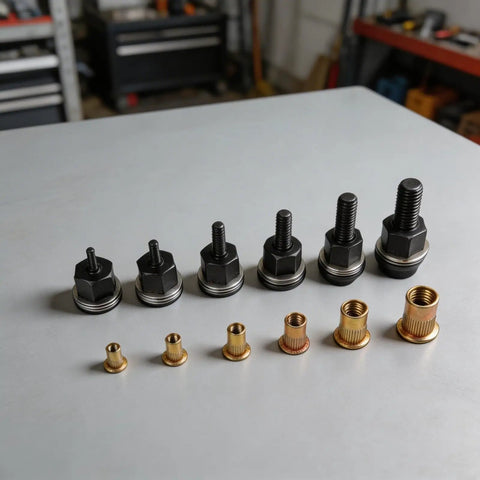 Cool M3 To M10 Rivet Nut Assortment Kit With Six Replacement Mandrel Tips For Metal, Robust Carbon Steel Threaded Inserts And Manual Riveter Tool Accessories Made To Last In Any Garage Or Workshop. set of 6 carbon steel mandrel tips and rivet nuts for M3-M10 use