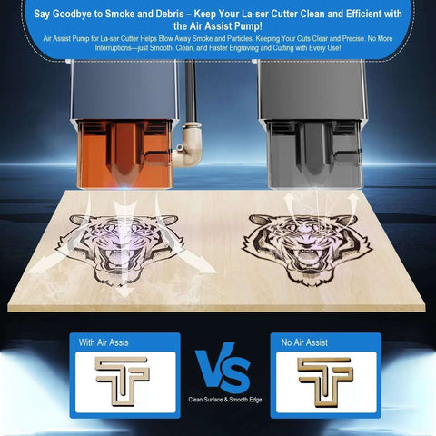 Air Assist pump for laser cutter/engraver; orange and gray units mounted over a wood panel with tiger engravings.